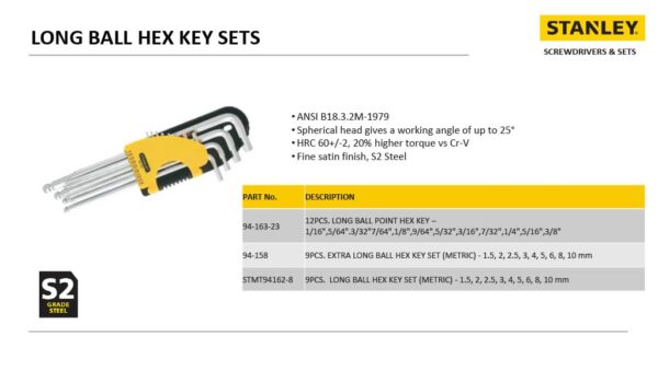 9 PC LONG SPHERICAL HEAD HEX KEY SET - METRIC STMT94162-8 - Image 2