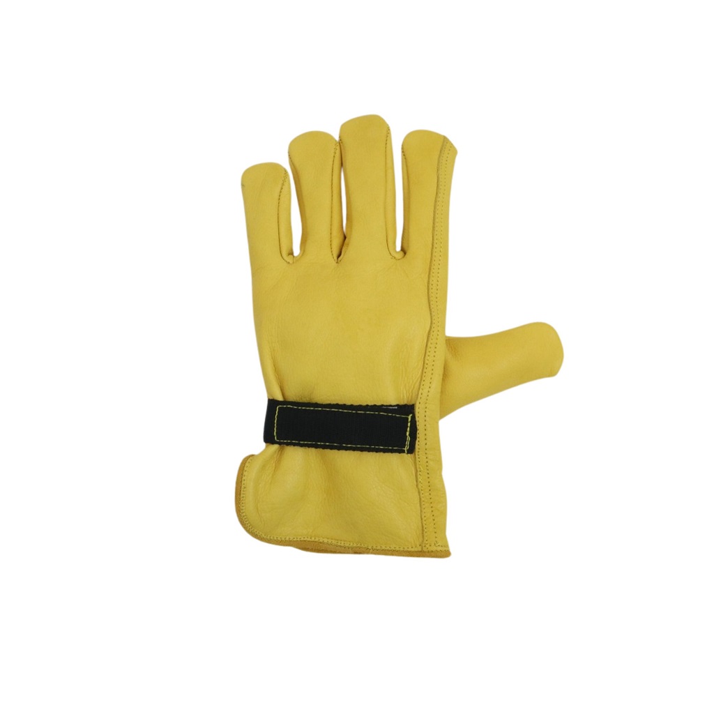 Anti cut gloves with durable leather and secure fit.
