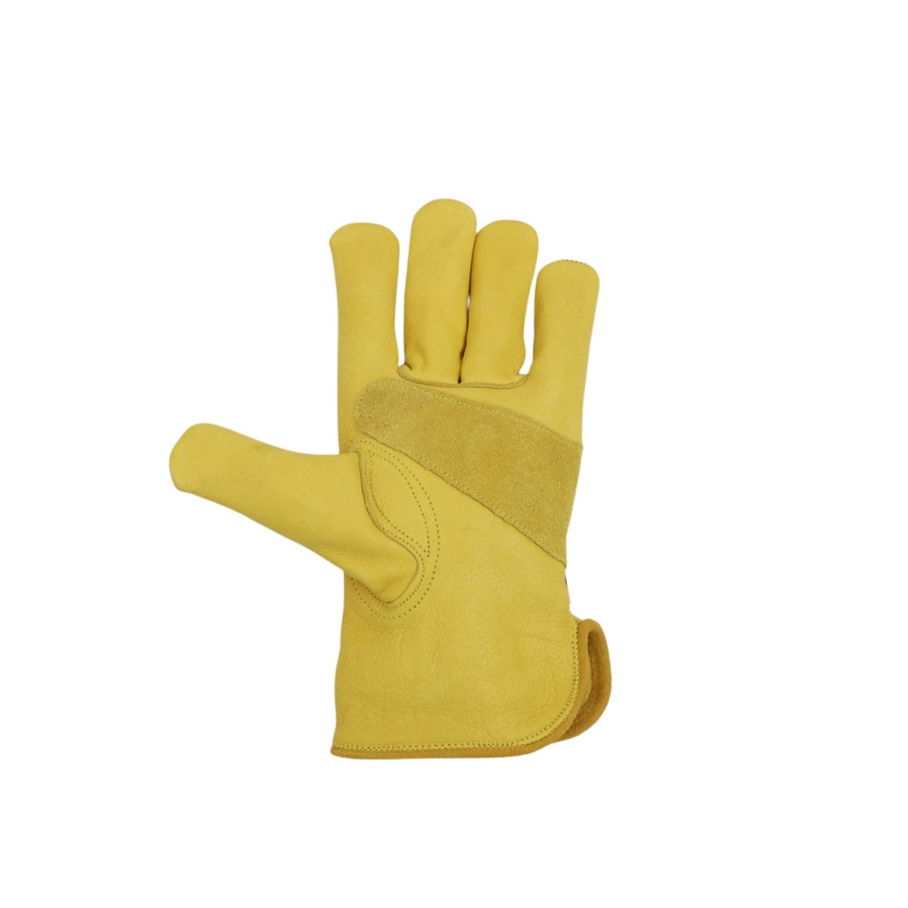 Yellow grain leather and brown split leather palm of heat protection gloves.